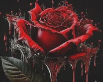 May include: A vibrant red rose depicted with a melting or dripping effect, where the petals appear to liquefy into dark red droplets against a solid black background. A single dark green leaf is visible at the base of the flower stem.