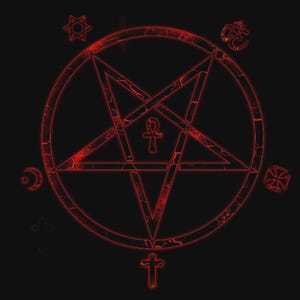 May include: A red pentagram with a cracked texture is centered on a black background. The pentagram is enclosed in a circle, with various symbols around the perimeter, including a cross, ankh, and crescent moon.
