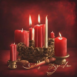 Puede incluir: Un conjunto de velas de pilar rojas y blancas dispuestas en un soporte oscuro y texturizado. Varias velas están encendidas, emitiendo un brillo cálido. La escena presenta un fondo rojo intenso y una base decorativa con elementos orgánicos.
