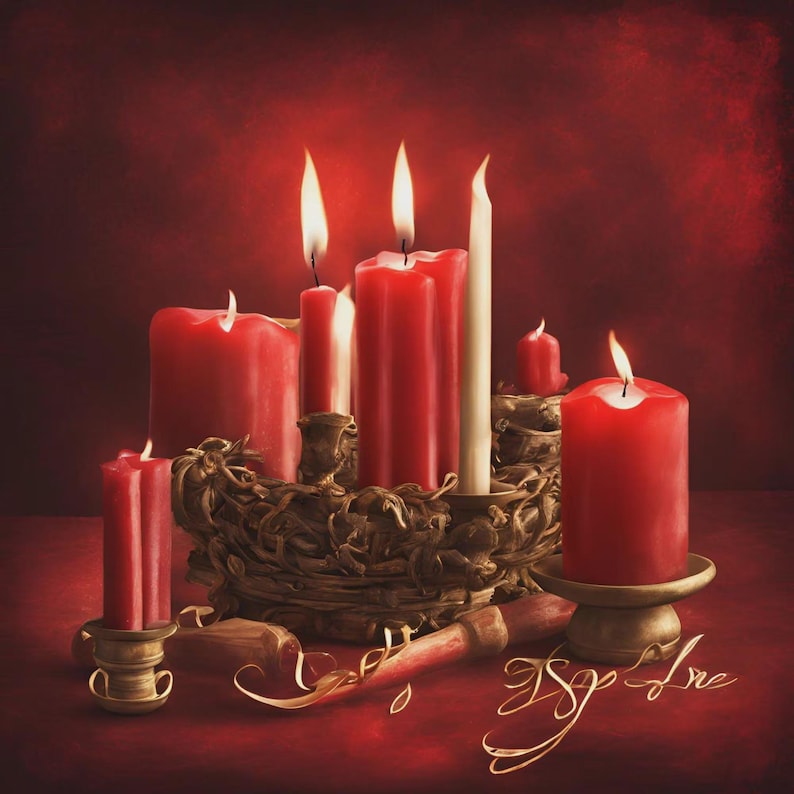 May include: A collection of red and white pillar candles arranged in a dark, textured holder. Several candles are lit, casting a warm glow. The scene features a deep red background and a decorative base with swirling, organic-looking elements.