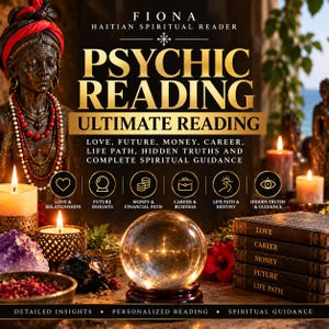 Könnte beinhalten: Eine Werbegrafik für Fiona Haitian Spiritual Reader mit einer bronzefarbenen Büste mit rotem Kopftuch und Perlenketten, einer leuchtenden Kristallkugel, brennenden Kerzen, einem violetten Kristall und Büchern mit der Aufschrift Love, Career, Money, Future, Life Path.