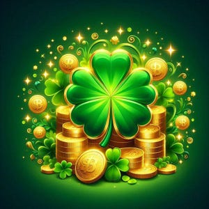 May include: A vibrant illustration featuring a large green shamrock with gold trim, surrounded by gold coins and smaller shamrocks. Sparkling stars and flourishes add to the festive St. Patrick's Day theme.