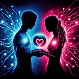 Puede incluir: Una ilustración digital que muestra dos siluetas frente a frente, una brillando en azul y la otra en rosa. Sostienen una esfera central entre ellas que presenta un símbolo de corazón de neón brillante sobre un fondo oscuro y estrellado.