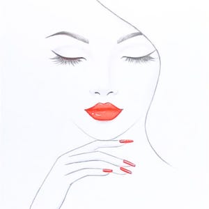Puede incluir: Una ilustración de arte lineal minimalista de un rostro con los ojos cerrados y pestañas largas. El dibujo presenta labios de color rojo vibrante y una mano descansando cerca de la barbilla con uñas largas de color rojo brillante sobre fondo blanco.