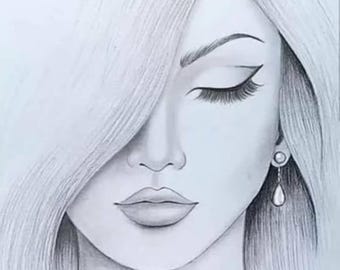May include: A graphite pencil drawing of a face with long hair covering one side. The visible eye features dark winged eyeliner and long lashes. A single drop-shaped earring with a small round stud hangs from the visible earlobe.