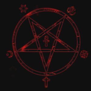 K&ouml;nnte beinhalten: Ein leuchtend rotes Pentagramm in einem Kreis mit rissiger Textur auf schwarzem Hintergrund. In der Mitte befindet sich ein Ankh-Symbol. Um den Kreis herum sind kleinere Symbole angeordnet, darunter ein Davidstern, ein Om, eine Mondsichel und ein Kreuz.