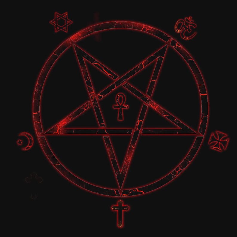 K&ouml;nnte beinhalten: Ein leuchtend rotes Pentagramm in einem Kreis mit rissiger Textur auf schwarzem Hintergrund. In der Mitte befindet sich ein Ankh-Symbol. Um den Kreis herum sind kleinere Symbole angeordnet, darunter ein Davidstern, ein Om, eine Mondsichel und ein Kreuz.