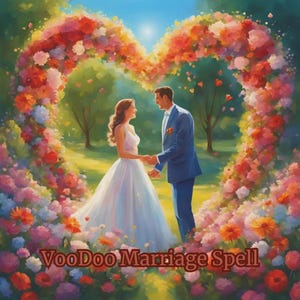 Peut inclure: Une illustration numérique d'un couple se tenant la main, debout sous une grande arche en forme de cœur faite de fleurs colorées. Le texte VooDoo Marriage Spell est écrit en lettres marron au bas de l'image sur un fond floral.