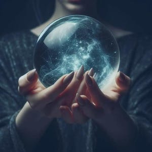 May include: A clear crystal ball with a swirling, luminous blue nebula design is held gently in cupped hands. The hands have long, manicured nails. The background is dark, creating a mystical and ethereal atmosphere.