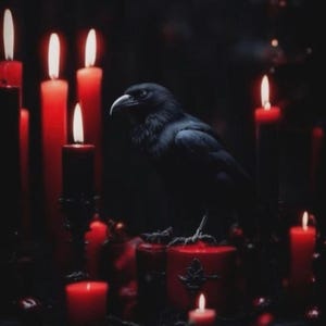 Pode incluir: Imagem sombria com um corvo negro empoleirado entre velas vermelhas acesas. As velas, de vários tamanhos, estão dispostas num ambiente escuro, criando uma atmosfera misteriosa. O corvo, com a sua plumagem escura, é o centro, contrastando com o brilho das chamas.