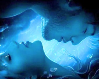 May include: A digital illustration featuring two faces in profile, positioned facing each other in a deep blue, aquatic environment. The scene is illuminated by a bright, glowing light source between them, with small air bubbles floating around.
