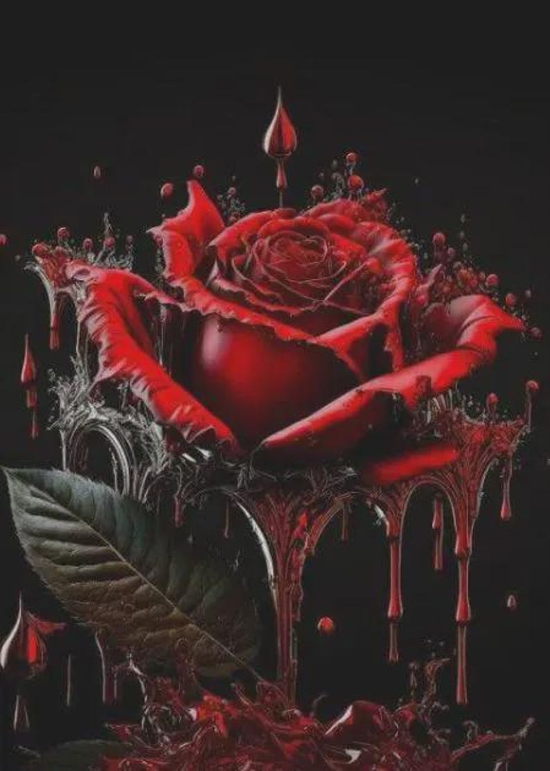 Peut inclure: Image num&eacute;rique d'une rose rouge sur fond sombre. La rose semble d&eacute;gouliner d'un liquide rouge, cr&eacute;ant un effet dramatique et artistique. Une feuille verte est visible &agrave; la base de la rose.