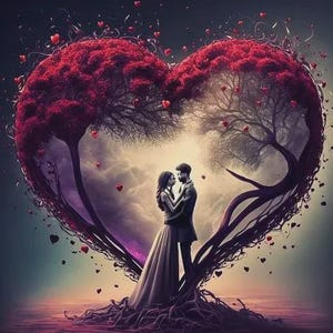 May include: A digital illustration of a couple embracing beneath a heart-shaped tree. The tree's foliage is a vibrant red, with small red hearts floating around. The couple is dressed in formal attire, standing on a base of intertwined roots.