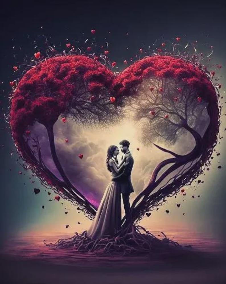 May include: A digital illustration of a couple embracing beneath a heart-shaped tree. The tree's foliage is a vibrant red, with small red hearts floating around. The couple is dressed in formal attire, standing on a base of intertwined roots.