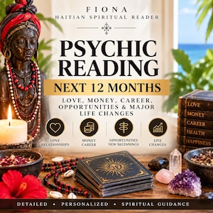 Könnte beinhalten: Eine Werbegrafik für einen psychischen Lesedienst mit einer dunkelhäutigen Büste mit rotem Kopftuch und Perlenketten, einem Tarotkartenspiel mit Sonnendesign, Kristallen, einer brennenden Kerze und Büchern mit der Aufschrift Love, Money, Career, Health, Happiness.