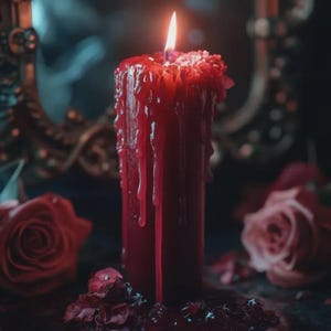 Peut inclure: Une bougie rouge allum&eacute;e, avec de la cire qui coule sur les c&ocirc;t&eacute;s. La bougie est entour&eacute;e de p&eacute;tales de roses rouges et de roses enti&egrave;res. La flamme brille vivement sur le fond sombre, cr&eacute;ant un effet dramatique.