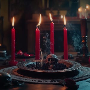 May include: A mystical still life with four burning red candles. A decorative metal plate holds a small skull and dark herbs, with smoke rising. The scene is set on a table, creating a mysterious atmosphere. The candles are the focal point.