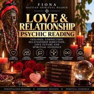 May include: A promotional graphic for a psychic reading service featuring a bust of a person in a red headwrap, red roses, lit candles, a crystal ball, and a stack of books labelled Love, Relationships, Emotions, Future, and Guidance.