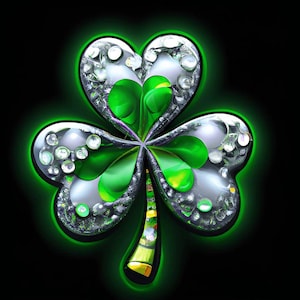 May include: A digitally rendered shamrock with three heart-shaped leaves, featuring a silver and green design. The leaves have a glossy, gem-like appearance with sparkling accents. A bright green outline surrounds the shamrock against a black background.