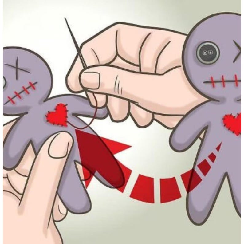 May include: Two light purple fabric dolls with button eyes and red stitched hearts on their chests. One doll has an X-shaped eye, while the other has a button eye. A needle and thread are shown connecting the two dolls with a red arrow indicating movement.