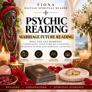 May include: A psychic reading advertisement featuring a dark-skinned bust with a red headwrap, a deck of sun-themed tarot cards, two gold rings on a marble dish, red rose petals, and lit candles. Text includes FIONA HAITIAN SPIRITUAL READER.
