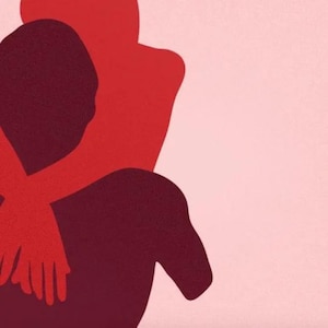 May include: A graphic illustration featuring two overlapping silhouettes in deep maroon and bright red against a soft pink background. The figures are positioned in an embrace, with one set of arms wrapped around the other, creating a layered effect.
