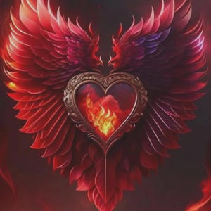 May include: A central heart-shaped emblem framed in ornate metallic bronze, featuring a vibrant interior display of swirling orange and yellow flames against a deep red background, flanked by large, expansive wings in shades of red.