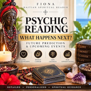 Peut inclure: Un graphique promotionnel pour Fiona Haitian Spiritual Reader montrant un buste à la peau sombre avec un foulard rouge et des colliers de perles, un jeu de cartes de tarot au motif solaire, des cristaux, une bougie et du texte sur les services.