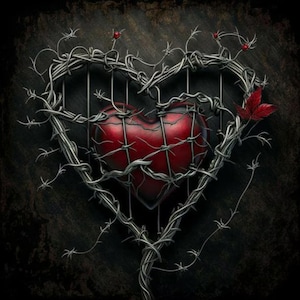 Può includere: Illustrazione digitale di un cuore rosso racchiuso in una gabbia di filo spinato. Il cuore ha una superficie strutturata ed è circondato da filo argentato. Piccole foglie e bacche rosse sono sparse intorno al cuore, su uno sfondo scuro.