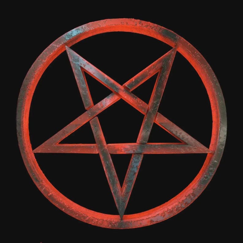 K&ouml;nnte beinhalten: Ein kreisf&ouml;rmiger Wandbehang mit einem f&uuml;nfzackigen Stern in einem Ring. Das Objekt hat eine verwitterte, dunkelmetallische Oberfl&auml;che, wobei leuchtend rotes Licht von den Innenkanten des Sterns und dem umgebenden kreisf&ouml;rmigen Rahmen ausgeht.
