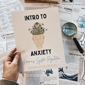 Może przedstawiać: Drukowana karta pracy zatytułowana "Intro to Anxiety: Nervous System Regulation" z kreskówkową ilustracją głowy, z której rosną kwiaty. Karta pracy pochodzi od Wonder House Creative.