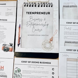 May include: A printable worksheet titled "Teenpreneur Business & Entrepreneurship Course" with a watercolor illustration of a lemonade stand. The worksheet includes a section titled "Cost of Doing Business" with the text "It takes money to make money." and an example of calculating the cost of a lemonade stand.
