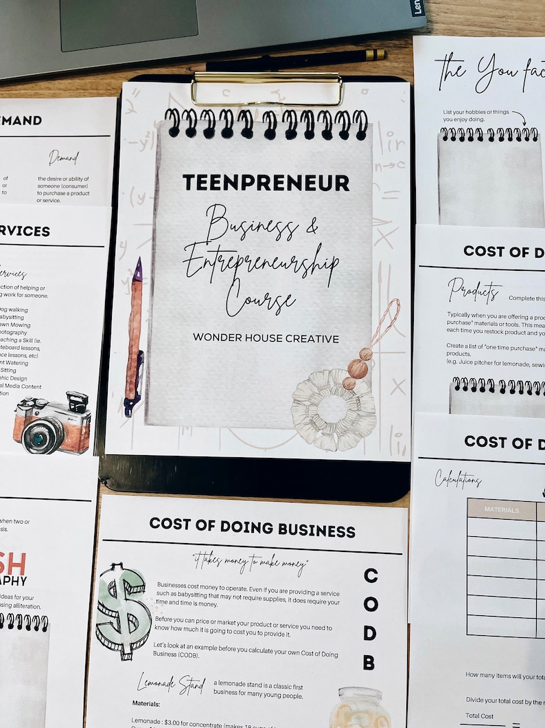 May include: A printable worksheet titled "Teenpreneur Business & Entrepreneurship Course" with a watercolor illustration of a lemonade stand. The worksheet includes a section titled "Cost of Doing Business" with the text "It takes money to make money." and an example of calculating the cost of a lemonade stand.