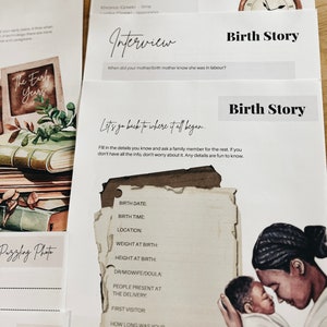 May include: A printable birth story journal with a brown and white vintage aesthetic. The journal includes prompts for recording details about the birth, such as the date, time, location, weight, height, and who was present at the delivery. The journal also includes a section for a first visitor and how long the hospital stay was. The journal is illustrated with a watercolor painting of a mother and baby.
