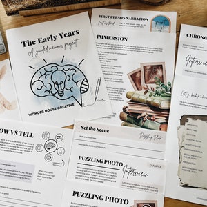 May include: A set of printable worksheets for creating a family memoir. The worksheets include prompts for writing about childhood memories, family history, and personal experiences. The worksheets are decorated with watercolor illustrations of a brain, a book stack, and a baby.