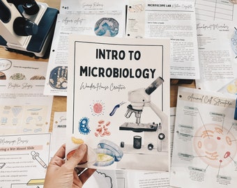 May include: A printable worksheet for an introduction to microbiology lesson. The worksheet features a microscope, petri dishes, and illustrations of different types of microbes. The text "Intro to Microbiology" and "Wonder House Creative" are printed on the worksheet.
