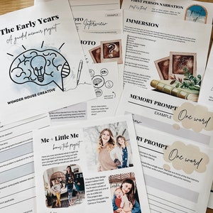 May include: A set of printable worksheets for a guided memoir project titled "The Early Years". The worksheets include prompts for writing about childhood memories, such as "First Person Narration", "Immersion", "Memory Prompt", and "Interview".