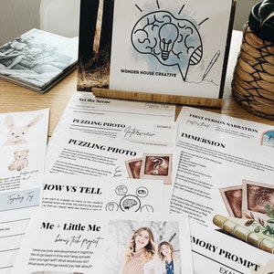 May include: A set of printable worksheets for a guided memoir project called "The Early Years". The worksheets include prompts for writing, photo ideas, and interview questions. The project is designed to help people reflect on their childhood and create a personal memoir.