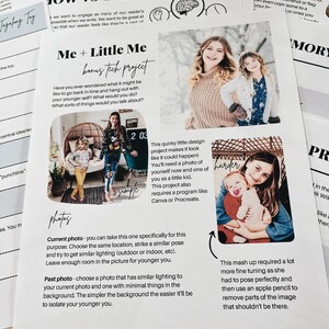 May include: A printable worksheet with instructions for a "Me + Little Me" photo project. The worksheet includes a description of the project, which involves taking photos of yourself at different ages and using a photo editing app to combine them. The worksheet also includes tips for taking the photos, such as choosing the same location and striking a similar pose.