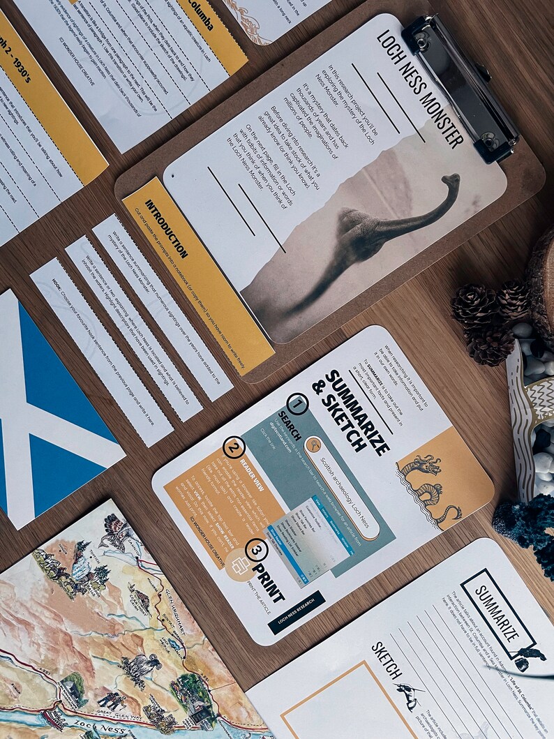 May include: A close-up of a brown clipboard with a yellow and white paper on it. The paper has the title "Loch Ness Monster" and a picture of the Loch Ness Monster. The paper also has text about the Loch Ness Monster. There is a map of Scotland on the table next to the clipboard.