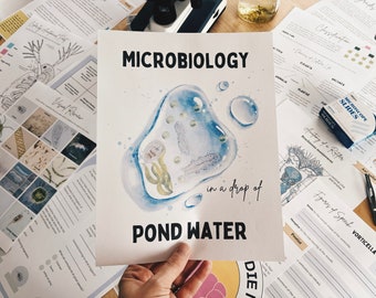 May include: A white poster with the title "MICROBIOLOGY in a drop of POND WATER". The poster features a watercolor illustration of a drop of pond water with various microorganisms inside.