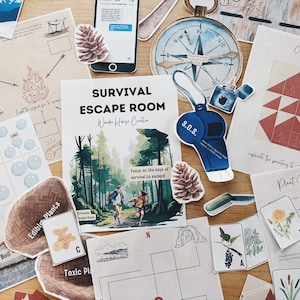 May include: A printable survival escape room game with a woodland theme. The game includes a compass, a whistle, a lighter, a fire, a map, and a plant identification guide. The game is designed for kids and adults.