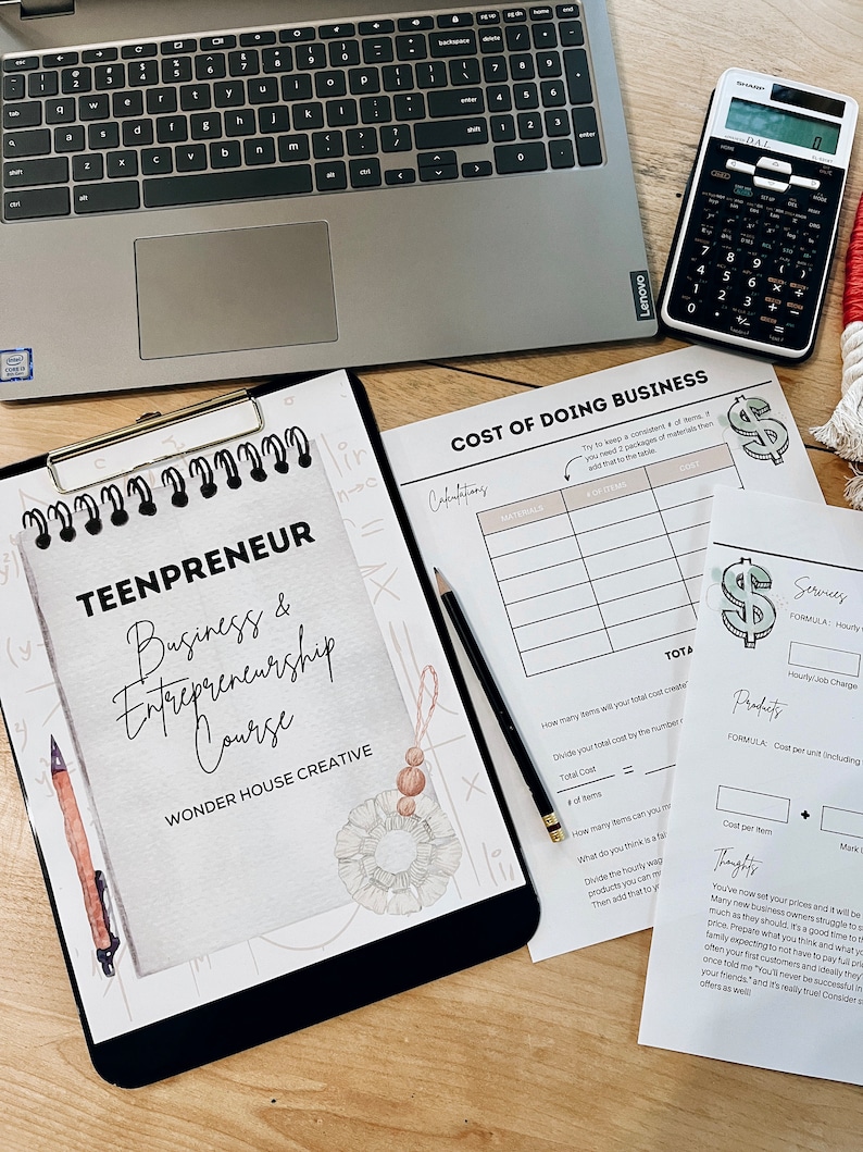 May include: A black and white printable worksheet titled "Teenpreneur Business & Entrepreneurship Course" with a watercolor illustration of a white pom-pom with brown wooden beads. The worksheet is on a clipboard with a gold binder clip. The worksheet is titled "Cost of Doing Business" and includes a table for calculating materials and services costs.
