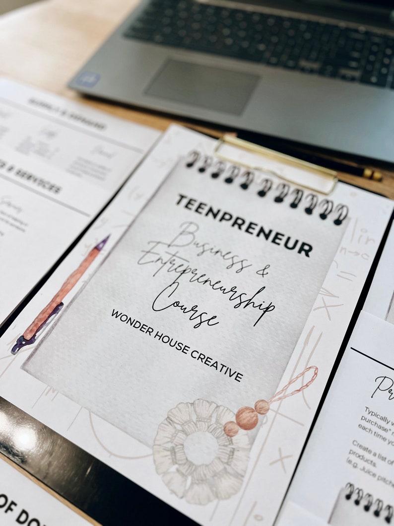 May include: A white and gray printable worksheet with the text "TEENPRENEUR Business & Entrepreneurship Course" and "WONDER HOUSE CREATIVE". The worksheet features a watercolor illustration of a white and brown tassel with beads.