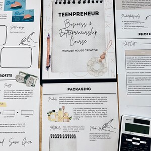 May include: A worksheet with the title "Teenpreneur Business & Entrepreneurship Course" by Wonder House Creative. The worksheet includes sections on profits, packaging, and product photography. There is a calculator and a pencil on the worksheet.