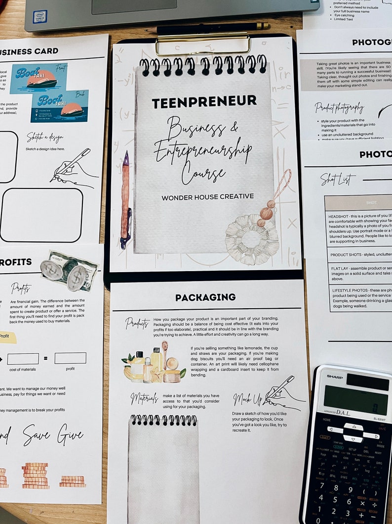 May include: A worksheet with the title "Teenpreneur Business & Entrepreneurship Course" by Wonder House Creative. The worksheet includes sections on profits, packaging, and product photography. There is a calculator and a pencil on the worksheet.