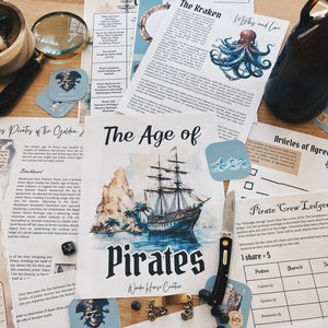 Peut inclure: Un ensemble de matériel éducatif sur le thème des pirates à imprimer, comprenant un registre d'équipage de pirates, des articles d'accord et une page intitulée "L'âge des pirates". Les documents présentent des illustrations d'un navire pirate, d'un kraken et d'un crâne de pirate.