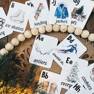 Cartões de alfabeto em aquarela de inverno e livro de alfabeto, cartões flash de aprendizagem precoce, rastreamento e gravação,