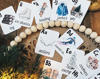 Winter Watercolour Alphabet Cards and Alphabet Book, Early Learning Flash Cards, Trace and Write,