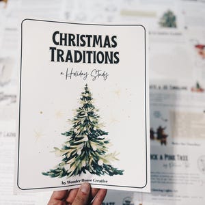 Puede incluir: Un papel blanco con el texto "CHRISTMAS TRADITIONS a Holiday Study" y una ilustración de acuarela de un árbol de Navidad. El papel es de Wonder House Creative.